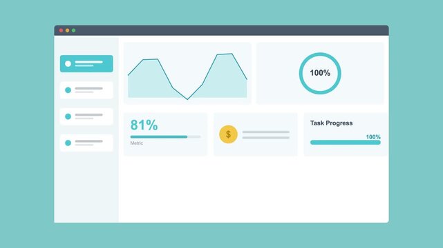 marketing dashboard in a browser window with an area chart, progress ring and stat cards, teal color scheme