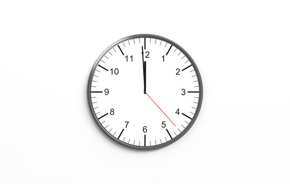 Watch on a wall, just before noon. Time, clock, date, second hand, minute hand, hour, time measuring, past, future, eternity.