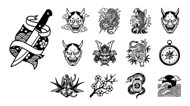 Traditional Japanese tattoo flash set with masks and snakes.
