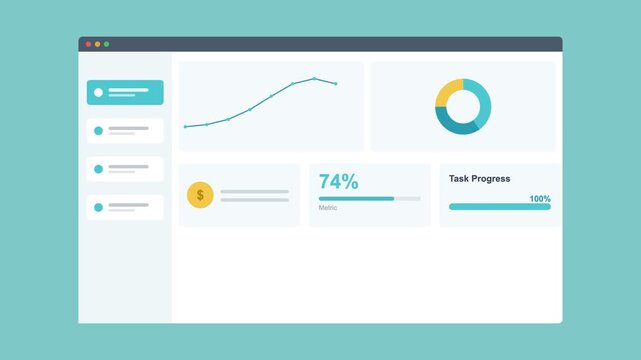 finance dashboard in a browser window with a line chart, donut chart and stat cards, teal color scheme