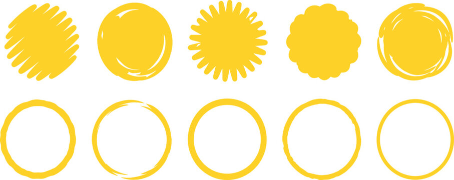 Collection of Yellow Hand-Drawn Circular Frames and Shapes, Hand-Sketched Sun Icons, Marker Scribble Rounds, Brush Stroke Elements for Logo Design, Highlight Stickers, Vector Illustration