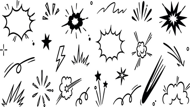 Hand Drawn Comic Action Elements Vector Set - Explosion Bursts, Speech Bubbles, Stars, Lightning Bolts, and Pop Art Graphic Illustration Pack for Manga, Web Design, and Creative Projects.