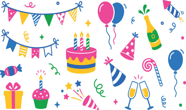 Colorful Birthday Celebration Vector Set with Hand-Drawn Party Icons: Cake, Balloons, Gifts, Champagne, and Bunting Banners for Festive Invitations, Holidays, and Anniversary Designs.