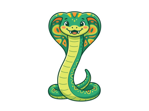 Cute green cartoon cobra snake character vector illustration isolated on white background