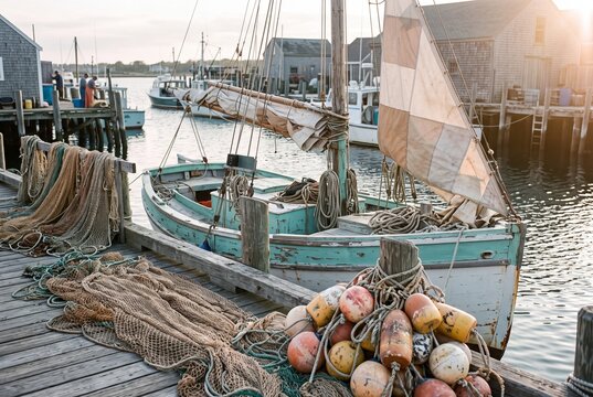 Turquoise wooden fishing sailboat moored at weathered dock with piles of nets and colorful buoys in old harbor village at sunset, coastal maritime tradition.