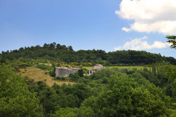 Fototapeta premium Abandoned Farmhouse on Forested Hill