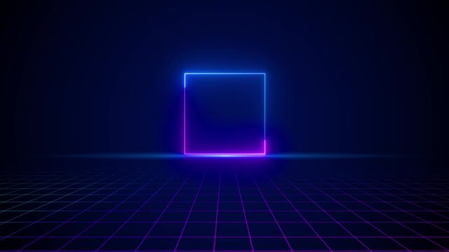 Retro neon square grid background blue purple glowing frame, dark horizon, and futuristic stage depth. videos, gaming intros, virtual rooms, music visuals, product titles, and digital motion loops.