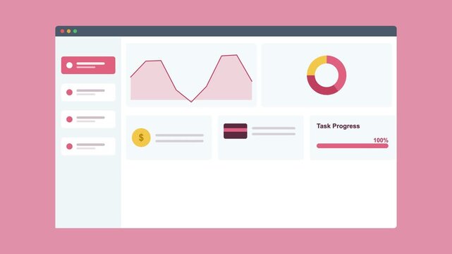 ecommerce dashboard in a browser window with an area chart, donut chart and stat cards, rose pink color scheme
