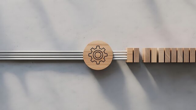 Business system optimization concept with a wooden gear connected to a series of wooden cubes on a neutral background, for growth