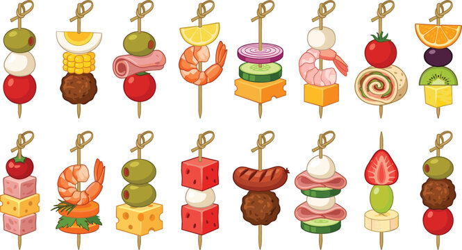 Gourmet finger food skewers vector set with catering canapes, party appetizers, tapas, shrimp, cheese, meatballs, and fruits for restaurant menu graphic design elements