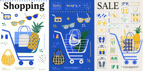 shopping cart illustration with colorful items and sale text pineapple sunglasses bag pattern blue white stripes dots fashion retail consumerism promotional graphic design © Nikhil