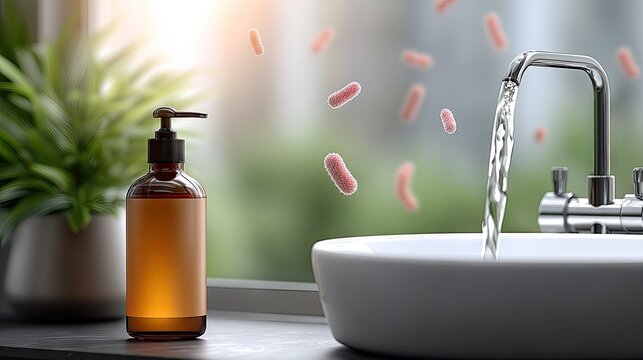Close up view of modern sink and chrome faucet with water pouring while bacteria illustrations float nearby in bright, clean bathroom setting