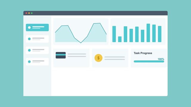 analytics dashboard in a browser window with an area chart, bar chart and stat cards, teal color scheme