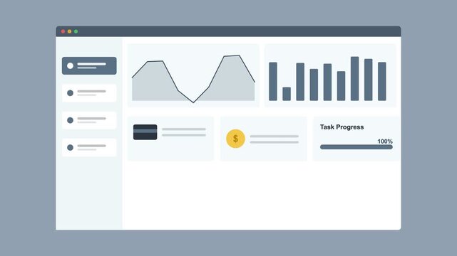 analytics dashboard in a browser window with an area chart, bar chart and stat cards, slate gray color scheme
