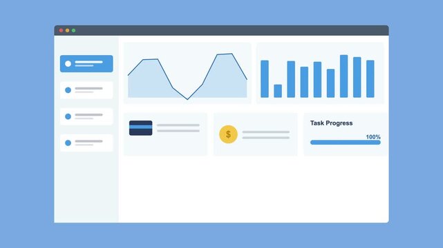 analytics dashboard in a browser window with an area chart, bar chart and stat cards, blue color scheme