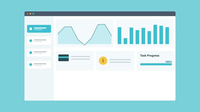 analytics dashboard in a browser window with an area chart, bar chart and stat cards, aqua color scheme