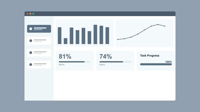 admin dashboard in a browser window with bar and line charts and KPI cards, slate gray color scheme