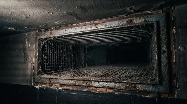 Close-up view of a very old, dirty, and rusty industrial ventilation duct with a metal grate, covered in dust and grime.