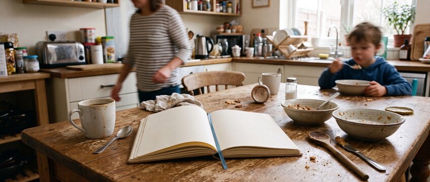 Open blank notebook on rustic wooden table during busy family breakfast with mother and child in cozy home kitchen showing morning routine.