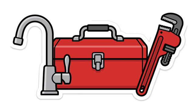 A vibrant illustration featuring essential plumbing tools: a shiny silver faucet, a sturdy red toolbox, and a classic red pipe wrench, ready for any repair job.