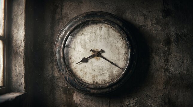 Ancient, weathered wall clock with a distressed face and dark hands on a rough, textured wall in a dimly lit, rustic interior.