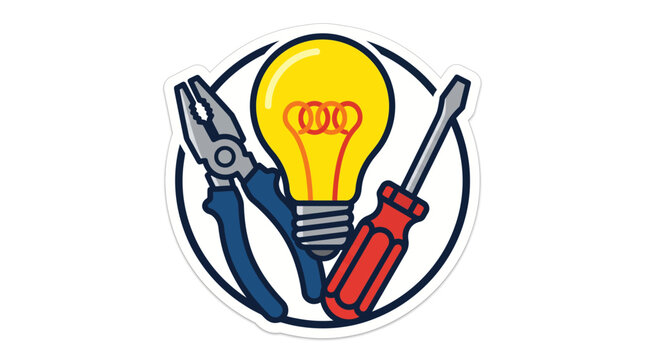 Illustration of a bright yellow light bulb, blue pliers, and a red screwdriver within a white circular emblem, representing electrical work or home repair.