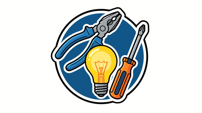 Illustration of essential electrical tools including pliers, a glowing light bulb, and a screwdriver, representing repair and maintenance.