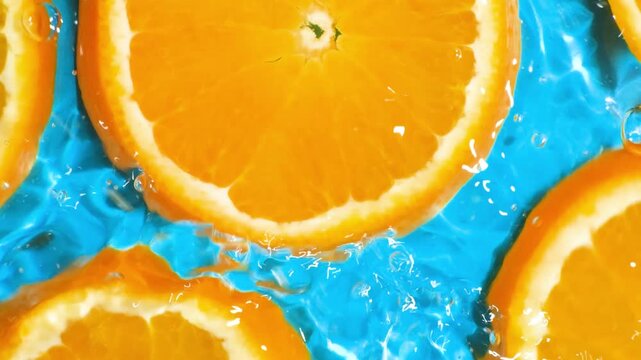 Refreshing citrus background with water moving over bright orange slices