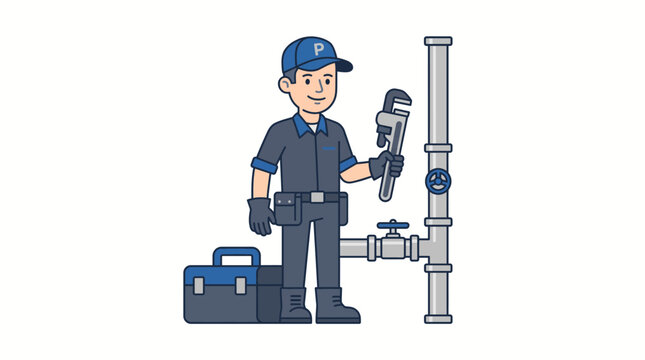 Cartoon illustration of a male plumber in uniform holding a wrench next to a pipe system with a toolbox on the ground.