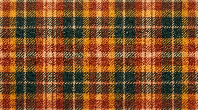 Tartan plaid woven wool fabric texture with classic autumn check pattern in rust orange dark green and mustard tones for warm seasonal textile design.
