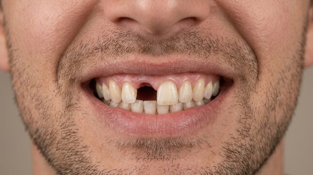 Close up of a man smiling with a missing tooth in his upper jaw.