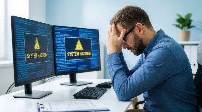 A businessman experiences a ransomware malware attack on his computer.