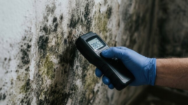 A person using a moisture meter to measure the wetness of a moldy wall.