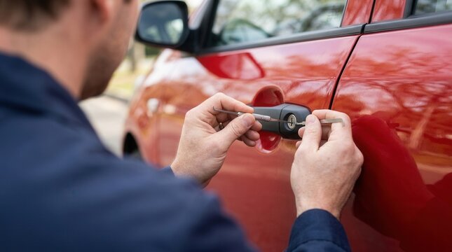 A professional locksmith using a lockpicker to open a red car door.