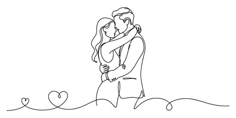Obraz premium Continuous single line drawing of a romantic couple embracing with small hearts below