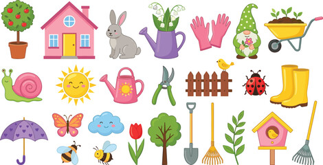 Cute spring garden vector illustration set with gnome, birdhouse, watering can, wheelbarrow, plants, and tools for backyard hobby graphic design elements © MdSaddam