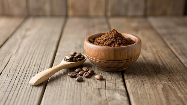 Rustic ground coffee in wooden bowl, roasted coffee beans on small spoon, organic coffee powder on vintage wood background