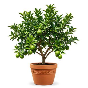 Healthy lime tree growing in a clay pot with agriculture botanical gardening