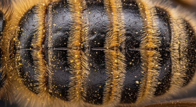 A macro photograph showcases a high-magnification close-up view of a bee's abdomen