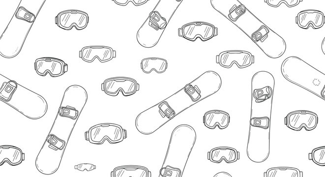 Winter sports seamless line art pattern featuring snowboards and protective goggles in a minimalist black and white hand-drawn style.