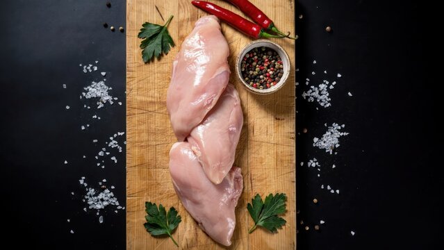 Raw chicken breast fillets on wooden cutting board, fresh poultry meat with spices and herbs, organic chicken pieces for cooking and meal prep