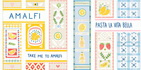 italian themed product labels vector illustration amalfi pasta lemon strawberry herb wine bottle pattern design graphic art food drink culture travel vacation summer © Nikhil