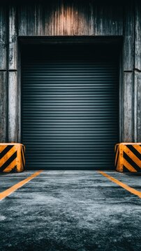 Waiting at the loading dock with a closed roller shutter door and weathered concrete walls in an industrial setting