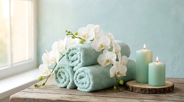 Soft white orchid flowers resting gracefully upon a stack of plush mint green towels alongside two burning pillar candles placed on a rustic wooden table creating a peaceful spa atmosphere.
