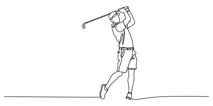 Continuous one line drawing of a male golfer swinging a golf club on the course