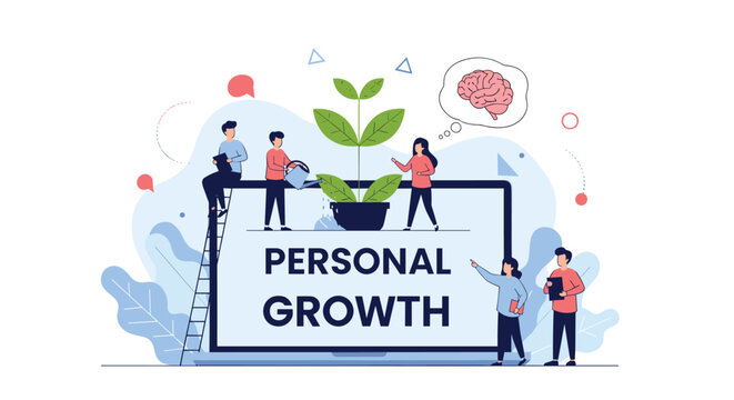 Personal growth concept shows people watering a growing plant on a laptop screen with a brain icon representing mental development.