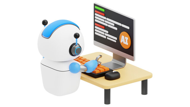 Cute 3D Robot Character Using Laptop Computer for Business Technology and Digital Communication Vector Illustration