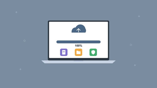 laptop uploading files to the cloud with a progress bar filling up and file icons, slate gray color scheme