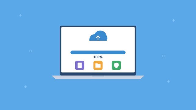 laptop uploading files to the cloud with a progress bar filling up and file icons, sky blue color scheme
