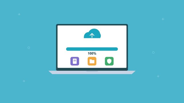 laptop uploading files to the cloud with a progress bar filling up and file icons, cyan color scheme